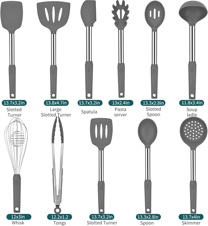 Silicone Kitchen Cooking Utensils Set with Stainless Steel Handle, Spatula Set Utensil Set, Cooking Utensil Set,Kitchen Tools Gadgets for Nonstick Cookware (11, Gray) - Image 2