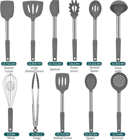Silicone Kitchen Cooking Utensils Set with Stainless Steel Handle, Spatula Set Utensil Set, Cooking Utensil Set,Kitchen Tools Gadgets for Nonstick Cookware (11, Gray) - Image 2