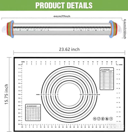 Rolling Pin with Adjustable Thickness Rings and Silicone Baking Pastry Mat Set for Baking,Stainless Steel Dough Roller,Baking Supplies for Cookie Fondant Pizza Cake Pasta (Black) - Image 2