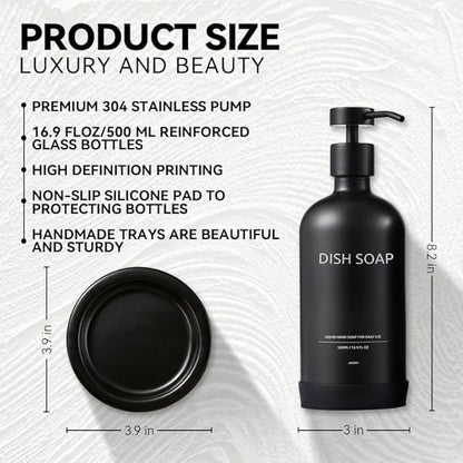 Glass Soap Dispenser Bathroom Set by Janxin, Foaming Kitchen soap Dispenser with Ceramic Tray for Dish Soap, Liquid Soap Dispenser for Hand Soap, Lotion, Body Wash (Black)