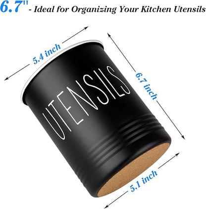 Kitchen Utensil Holder, 6.7" Utensil Holder for Kitchen Counter, Cooking Utensil Crock with Cork Bottom, Modern Farmhouse Decor, Countertop Utensil Storage Organizer Caddy, Black - Image 2