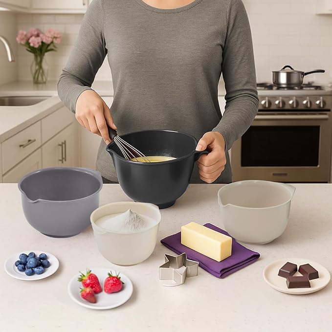 Glad Mixing Bowls with Pour Spout, Set of 4 - Nesting Plastic Bowls (1.2qt, 1.9qt, 2.8qt, and 3qt with Handle) - Non Slip Base, Dishwasher Safe Kitchen Cooking and Baking Supplies, Grey - Image 3