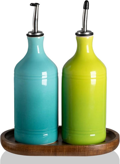 Sweejar Ceramic Olive Oil Dispenser Bottle Set, Opaque Oil Cruet Protects to Reduce Oxidation, Suitable For Storage Of Vinegar, Soy Sauce & Other Liquids,Pack of 2,15.5 Fl Oz（Gradient Blue & Green） by Sweejarco1949
