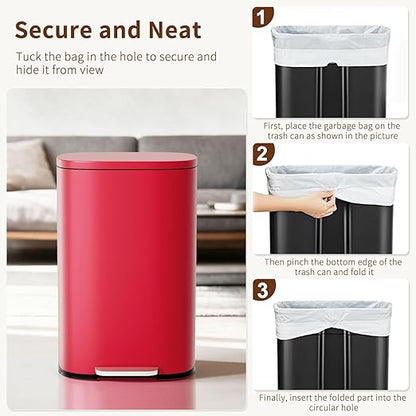 PayLessHere Stainless Steel Trash Can with Lid - Removable Inner Bucket, Foot Pedal, Soft Close for Office, Home, Kitchen (Red, 13 G) - Image 6