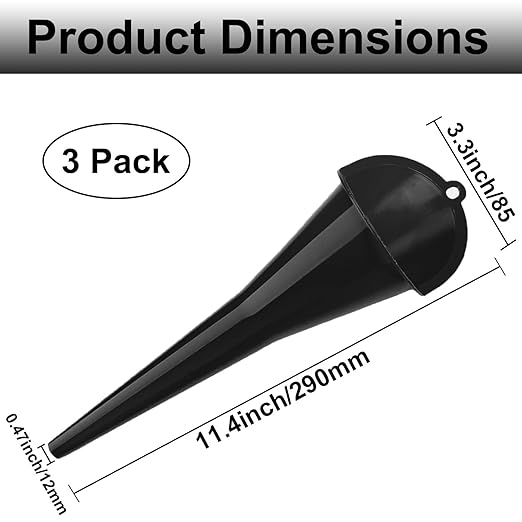 3-Pack Long-Neck Oil Funnels, 11" Multi-Purpose Funnels for Automotive & Motorcycle Use – Reusable Funnel for Oil, Gas & Transmission Fluid (Black)
