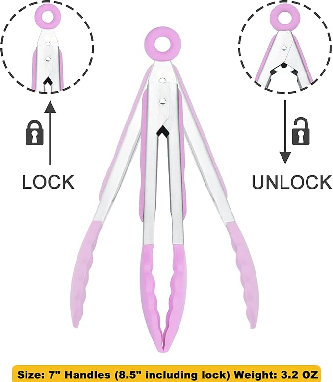 HINMAY Small Serving Tongs with Silicone Tips 7-Inch Mini Tongs, Set of 3 (Pink) - Image 3