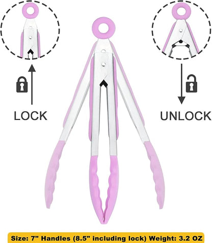 HINMAY Small Serving Tongs with Silicone Tips 7-Inch Mini Tongs, Set of 3 (Pink) - Image 3