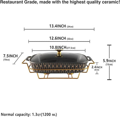 10" x 7" Ceramic Rectangular Casserole Dish with Glass Lid and rack, 1.3 Quart Serving Soup Tureen,Chafing Dish for Buffet, Family Food preserve Tray, Catering for Party Style, Black