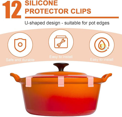 12pcs Dutch Oven Lid Protector Clips, Cookware Protectors Dutch Oven Pot Clips Silicone Replacement Pan Flexible Bumpers Lifter Accessories for Display Storage Stacking of Dutch Oven (Pink)
