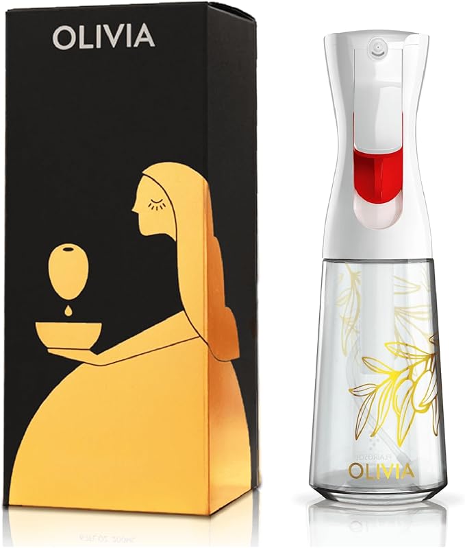 OLIVIA Oil Sprayer for Cooking, 200ml Glass Olive Oil Sprayer, Continuous Cooking Spray Bottle with Portion Control, Olive Oil Dispenser for Kitchen, Air Fryer, Salad, BBQ (Golden Leaves) by Flairosol