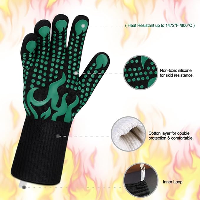 Comsmart BBQ Gloves, 1472°F Heat Resistant Grilling Gloves Silicone Non-Slip Oven Gloves Long Kitchen Gloves for Barbecue, Cooking, Baking, Short, Green - Image 4