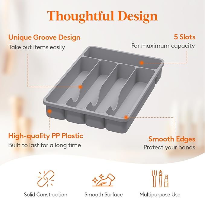 Lifewit Silverware Drawer Organizer Tray, Plastic Cutlery Storage for Kitchen, Flatware and Utensil Holder Divider for Spoons Forks Knives Tableware, 9.1 x 12.6", 5 Slots, Gray - Image 3