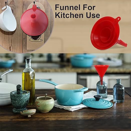 KongNai 4 Pieces Plastic Funnel Set for Kitchen and Automotive Use, Mini, Small, Medium and Large Funnel for Filling Bottles, Canning, Cooking, Lab or Car Oil Funnels (Red) - Image 5