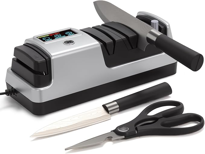 Silver Professional 3-Stage Electric Knife Sharpener for Kitchen Knives, LCD Screen, 100% Diamond Abrasive, Adjustable Rotational Speed, Precision Angle Guides for All Kitchen Knives by Ceelpeopar