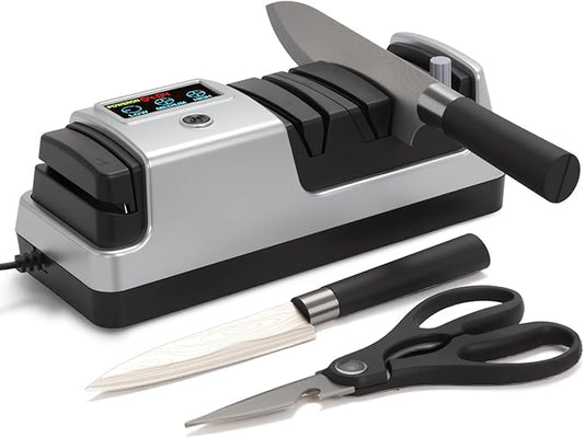 Silver Professional 3-Stage Electric Knife Sharpener for Kitchen Knives, LCD Screen, 100% Diamond Abrasive, Adjustable Rotational Speed, Precision Angle Guides for All Kitchen Knives by Ceelpeopar