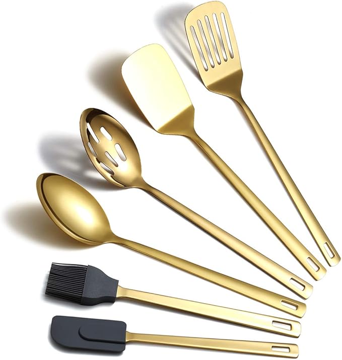 Gold Cooking Spoons, Berglander 6 Pieces Spatula Set Stainless Steel, Metal Spatula, Serving Spoon, Kitchen Tools Set Non-Stick And Heat Resistant, Dishwasher Safe, Easy to Clean (6 Packs) by Berglander