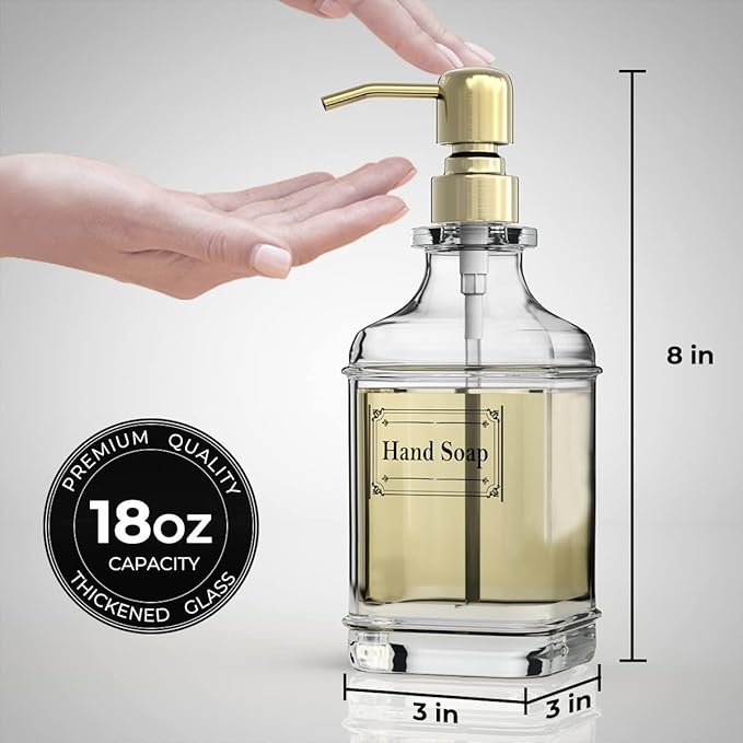 GLADPURE Soap Dispenser - 2 Pack, 18 Oz Antique Design Thick Glass Hand Soap Dispensers; with 304 Rust Proof Stainless Steel Pump, 6Pcs Clear Stickers, for Kitchen, Bathroom - Gold - Image 4