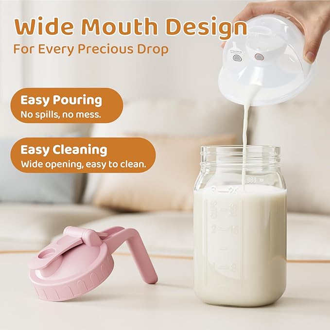 Breast Milk Pitcher, Mason Jar 32 oz, Heavy Duty Wide Mouth Jar with Pink Flip Cap Lid and Pour Spout, Airtight Seal for Freshness and Convenience, Great for Cold Beverages and Home Entertaining - Image 6