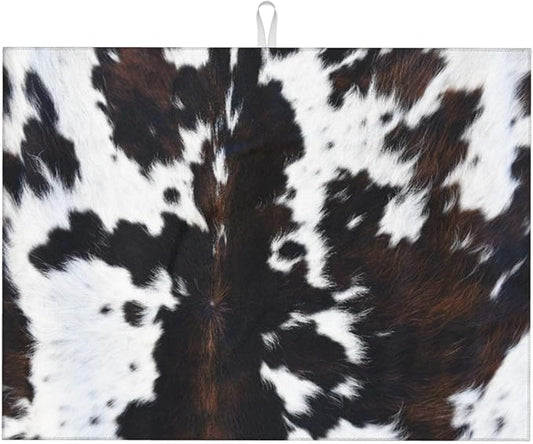 Cow Print Dish Drying Mat Animal fur Black Brown White Classic Drying Rack Pad Countertop Dishes Ultra Absorbent Microfiber Kitchen Counter Mat 18x24 Inch