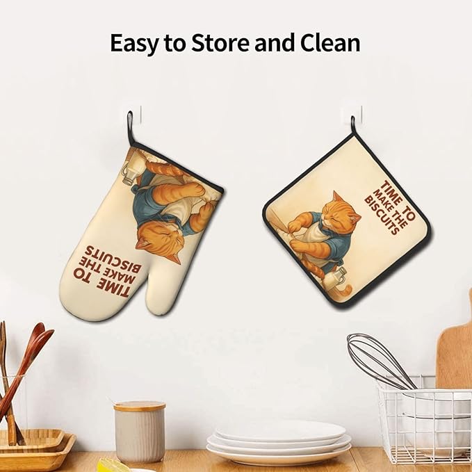Cute Cat Oven Mitts and Pot Holder Set, Funny Heat Resistant Kitchen Gloves Hot Pad, Cooking Baking Lovers Spring Easter Gifts for Women, Whimsical Kitchen Decor & Gifts for Chef Cooks Cat Lovers Mom - Image 5