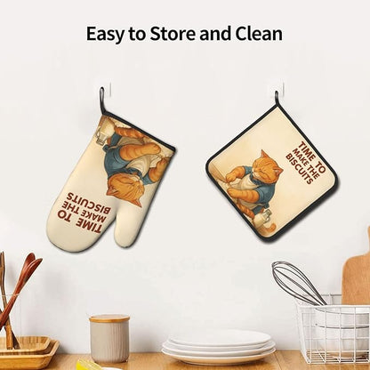 Cute Cat Oven Mitts and Pot Holder Set, Funny Heat Resistant Kitchen Gloves Hot Pad, Cooking Baking Lovers Spring Easter Gifts for Women, Whimsical Kitchen Decor & Gifts for Chef Cooks Cat Lovers Mom - Image 5
