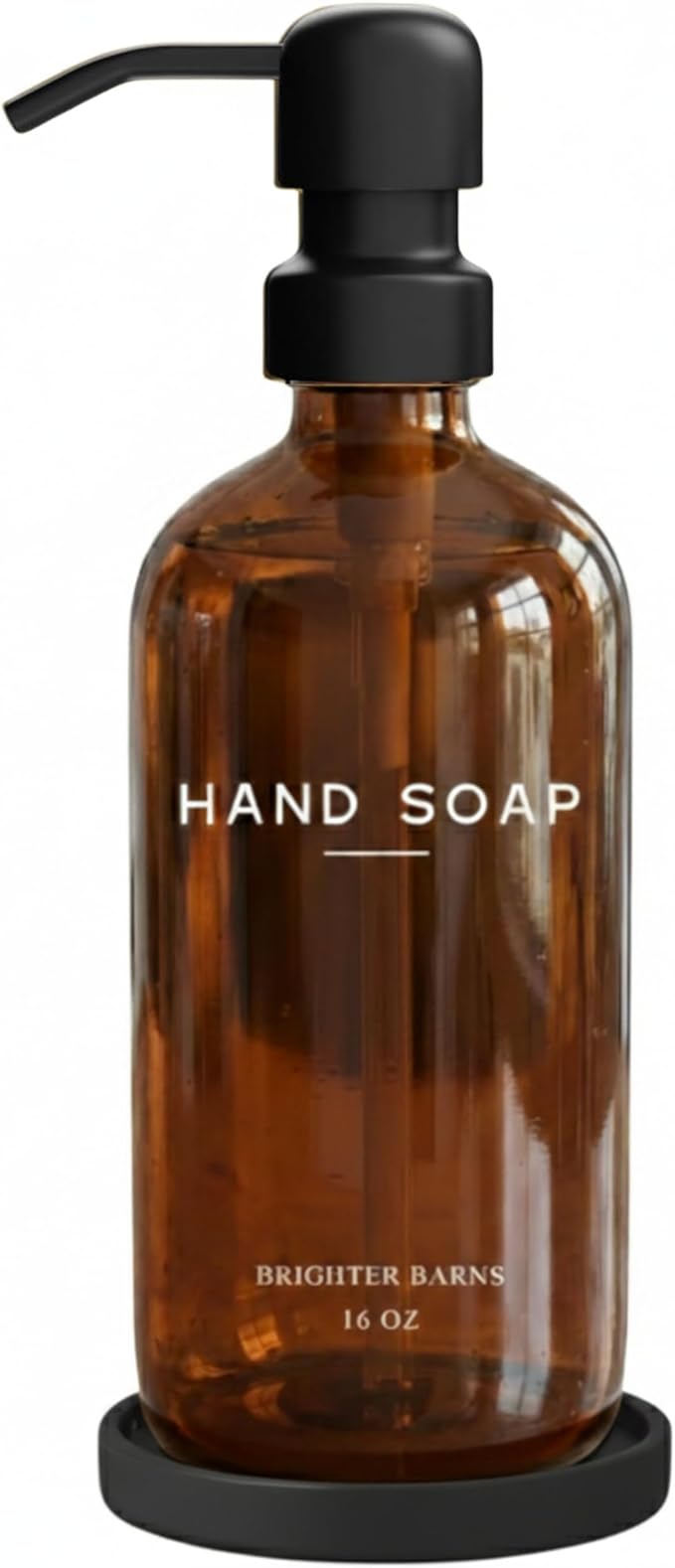 Amber Glass Hand Soap Dispenser Bathroom Set by Brighter Barns - Refillable Liquid Hand Soap Dispenser Tray and Pump Set for Kitchen - Modern Bathroom Decor & Accessories for Airbnb, RV, Hotel (Amber) by BrighterBarns