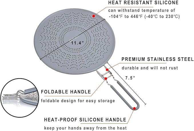 11" Silicone Splatter Screen Pan Cover with Folding Handle, Heat Insulation Cooling Mat, Strainer, Drain Board, Oil Splash Guard for Frying Pan - Image 4