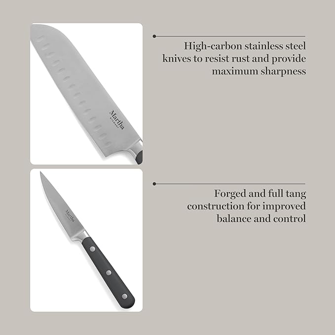 MARTHA STEWART Eastwalk 14 Piece High Carbon Stainless Steel Cutlery Knife Block Set w/ABS Triple Riveted Forged Handle Acacia Wood Block - Gray - Image 4