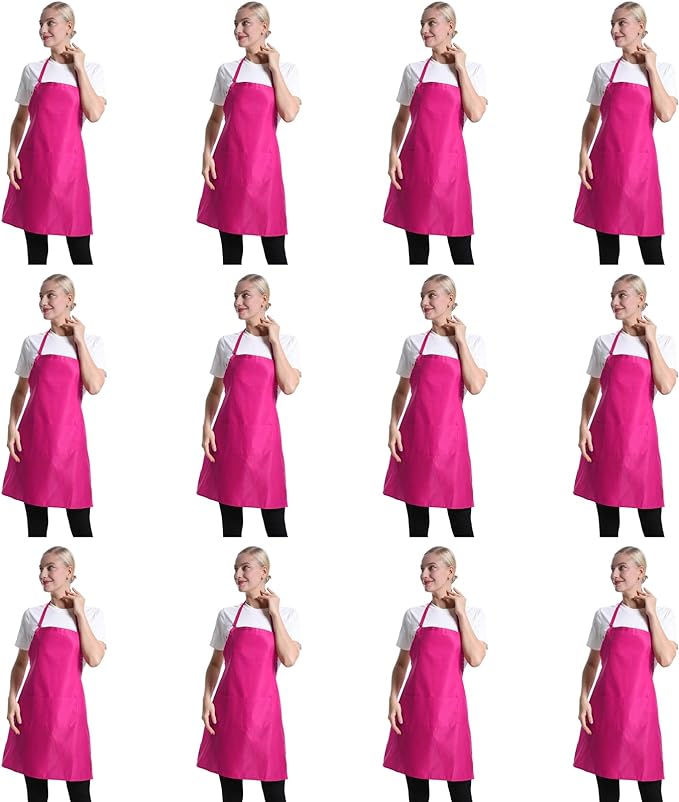 12 Pcs Bib Bulk Hot Pink Aprons for Women Men Adult Girls Unisex with 2 Pockets, Baking Cooking Kitchen Painting Apron (Pink,12 pcs) by TSDSTORY
