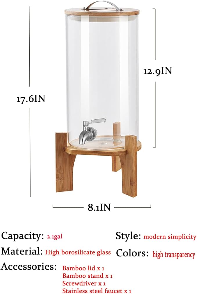 Beverage Dispenser,2.1 Gallon Glass Drink Dispenser with Stand,Glass water dispenser with Spigot, Large Drink Dispensers for Parties,Water Dispensers for Bar,Wedding,Restaurants 8L - Image 3