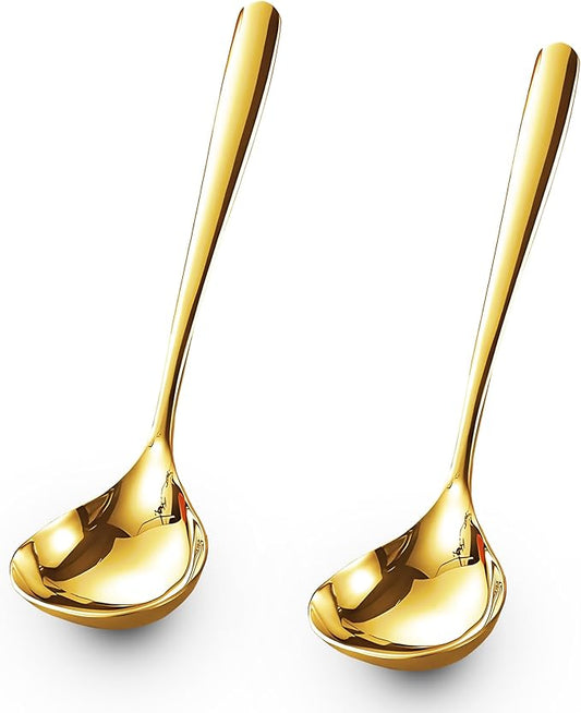 Comicfs 2 Pack Gold Gravy Ladle, SUS 304 Stainless Steel Soup Ladle, Small Soup Ladle, Sauce Ladles, Small Serving Ladles for Stirring, Mirror finished Soup Spoon and Dishwasher Safe 8-Inch (Gold) by Comicfs