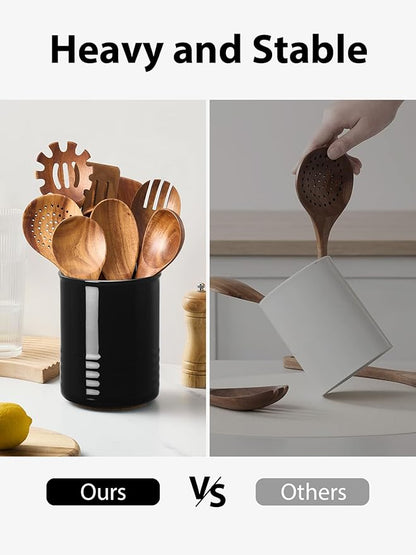 ABRUTY Utensil Holder, 6.7" Ceramic Kitchen Utensil Crock for Countertop Cooking, Modern Utensil Caddy Jar Organizer for Farmhouse Kitchen Counter Decor (Black) - Image 6