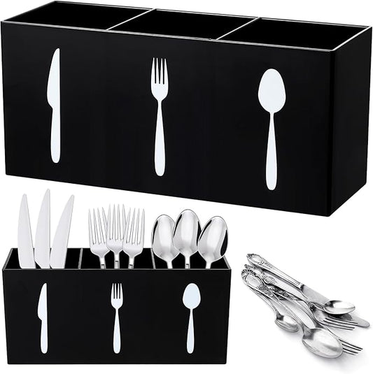 Suzile Acrylic Cutlery Storage Organizer Bin Silverware Caddy Countertop Knife Spoon and Fork Holder Kitchen 3 Section Tableware Storage Box for Cabinet Indoor Home Flatware Dining Room(Black,L) by Suzile