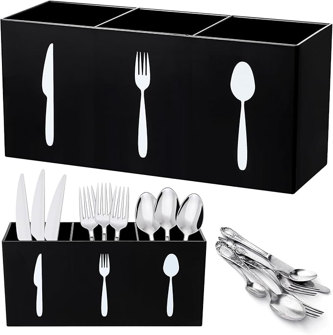 Suzile Acrylic Cutlery Storage Organizer Bin Silverware Caddy Countertop Knife Spoon and Fork Holder Kitchen 3 Section Tableware Storage Box for Cabinet Indoor Home Flatware Dining Room (Black,M) by Suzile