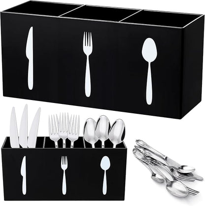 Suzile Acrylic Cutlery Storage Organizer Bin Silverware Caddy Countertop Knife Spoon and Fork Holder Kitchen 3 Section Tableware Storage Box for Cabinet Indoor Home Flatware Dining Room (Black,M) by Suzile