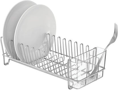 mDesign Kitchen Sink Dish Drainer – Small Metal and Plastic Dish Rack for Kitchen Sink – Ideal for Plates and Cutlery Basket – Chrome/Clear