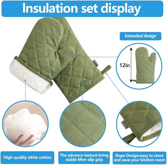 Oven Mitts and Pot Holders 4 pcs Set,High Heat Resistant 500 Degree Extra Thicken Long Kitchen Cotton Oven Glove for Cooking (12 Inch,Green) - Image 4