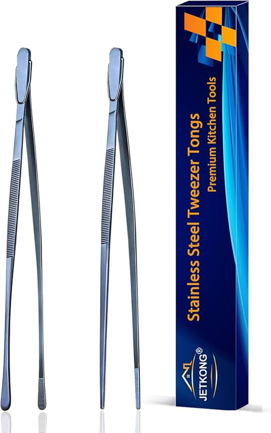 JETKONG 2 Pcs 9-Inch Cooking Tweezer Tongs Stainless Steel Kitchen Tweezers Plating Tongs (Navy Blue) by JETKONG