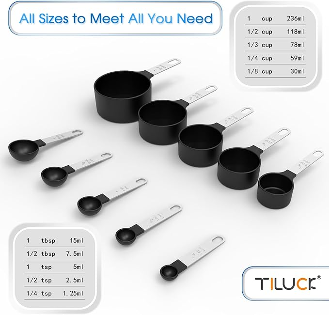 TILUCK Measuring Cups & Spoons Set, Stackable Cups and Spoons, Nesting Measure Cups with Stainless Steel Handle, Kitchen Gadgets for Cooking & Baking (Black) - Image 3