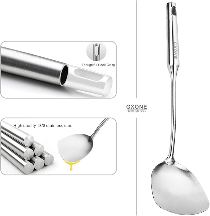 Wok Spatula Stainless Steel, Wide Metal Spatula with Hollow Long Handle Wok Utensils,Silver/14.7Inch - Image 3