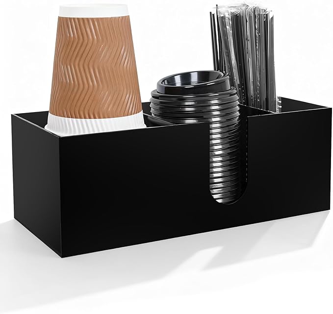 Acrylic Coffee Cup Holder for Countertop, 3 Slots Acrylic Coffee Bar Accessories and Organizer Anti Slip Waterproof, Coffee Station Organizer for Cup Lid Straw, Black