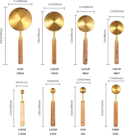 Gold Measuring Cups and Spoons Set with Fragrant Wood Handles, Premium Stainless Steel Measuring Spoons and Measuring Cups Set, For Cooking and Baking in the Kitchen (8 Piece)