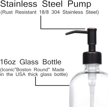 2 Pack Thick Clear Glass Pint Jar Soap Dispenser with Oil Rubbed Bronze Stainless Steel Pump, 16ounce Clear Boston Round Bottles Dispenser with Rustproof Pump for Essential Oil, Liquid Soap