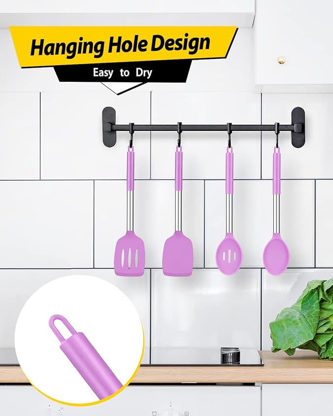 Pack of 4 Silicone Cooking Utensils Set, Non Stick Large Solid Spatulas, Heat Resistant Purple Slotted Spoons, Ideal BPA Free Kitchen Turners for Frying, Mixing,Serving,Draining,Turning,Stirring - Image 6