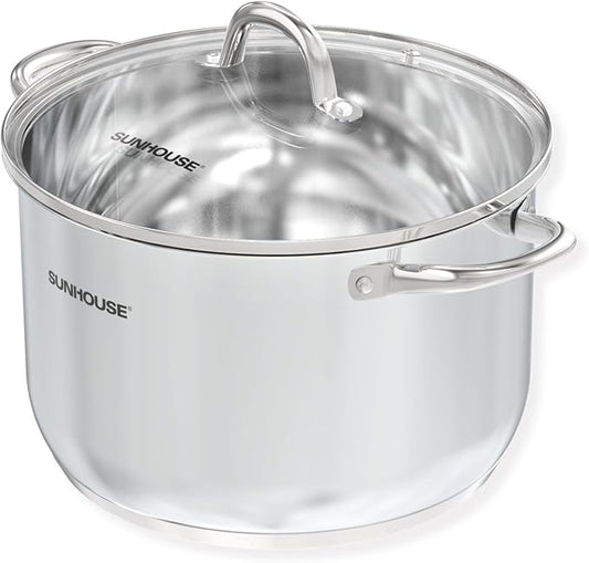 SUNHOUSE Stainless Steel Stock Pot - 11 Quart Heavy-Duty Induction Cooking Pot with Visible Lid for Pasta, Soup, Spaghetti - Nonstick Thick-Bottom Deep Stockpot for Canning, Boiling, and Simmering by SUNHOUSE