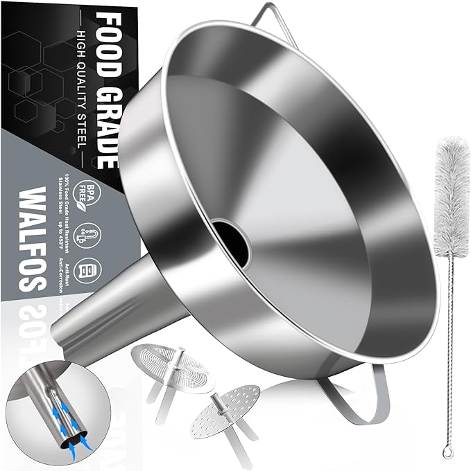 Walfos Extra Large Stainless Steel Funnel with Venting Slot, Kitchen Funnel with 2 Removable Strainer ＆ 1Pc Cleaning Brush, Perfect for Transferring Liquid, Oils, Jam, Dry Ingredients (Jumbo, 7.9") by Walfos
