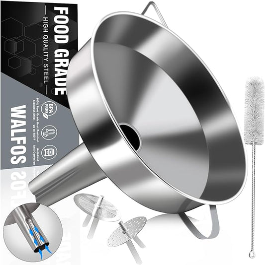 Walfos Extra Large Stainless Steel Funnel with Venting Slot, Kitchen Funnel with 2 Removable Strainer ＆ 1Pc Cleaning Brush, Perfect for Transferring Liquid, Oils, Jam, Dry Ingredients (Jumbo, 7.9") by Walfos