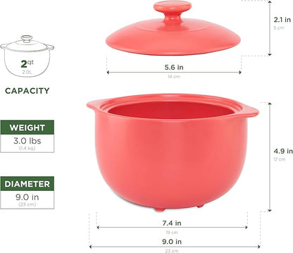 MINH LONG 2-Qt Porcelain Dutch Oven with Lid – Lead & Cadmium Free, Oven Safe to 482°F, Heat Retention, Clay Pot for Cooking on Gas & Infrared Cooktop, Use to Marinate, Cook, Bake, Refrigerate & Serve
