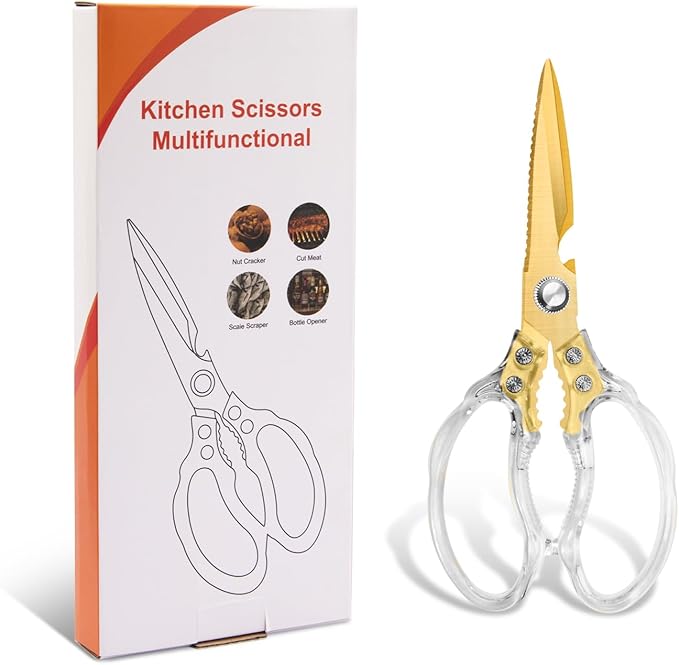 CGBE Kitchen Scissors, Multi-Purpose Kitchen Shears, Heavy Duty Food Scissors for Chicken, Poultry, Fish, Meat & Herbs with Non-Slip Grips - Transparent Gold - Image 7