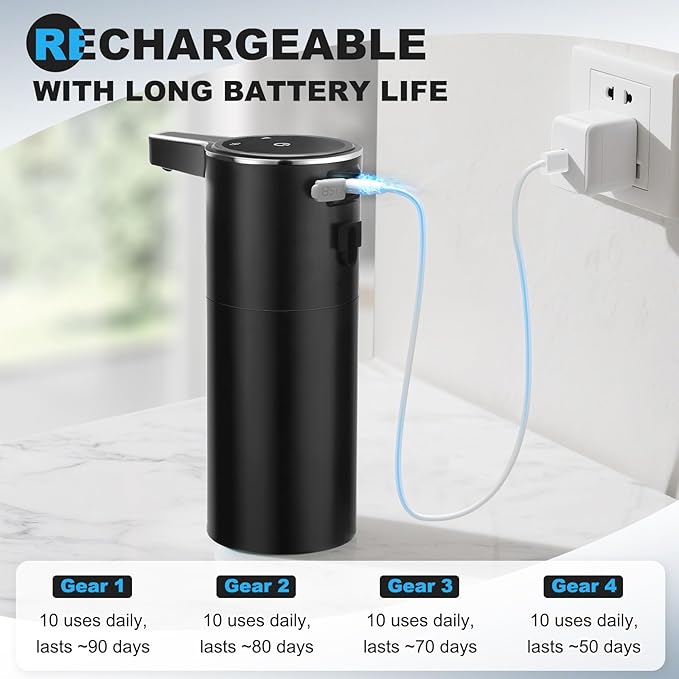 Automatic Soap Dispenser Liquid Touchless: 13.52oz/400ml Wall USB Rechargeable - 4-Level Adjustable Modern Electric Hand Soap Dispenser - Kitchen Bathroom Kids Family Black - Image 7